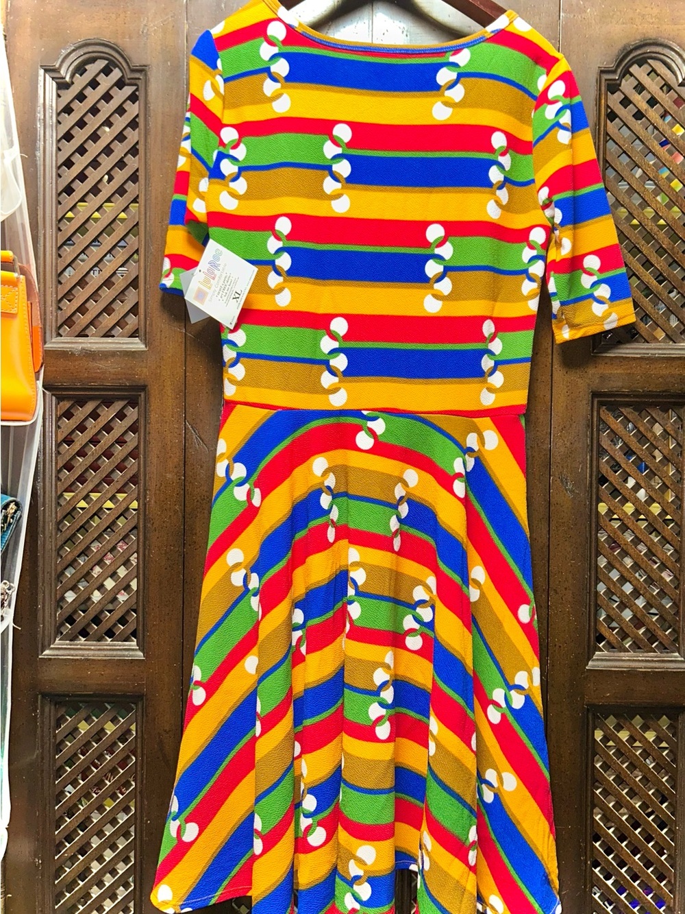 LuLaRoe Multicolor Striped Fit & Flare Dress - Yellow, Red, Blue, Green
